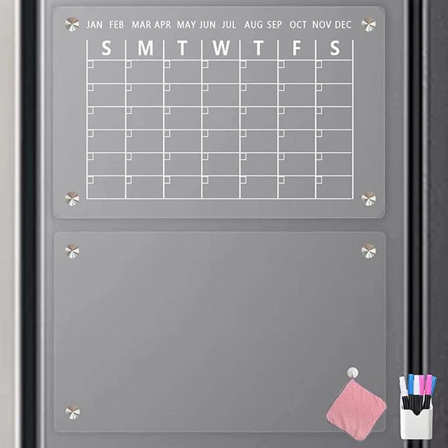 Acrylic Magnetic Dry Erase Board，17"x12" 2 Set Acrylic Calendar Planner Board for Refrigerator，Reusable Clear Monthly and Weekly Calendar Whiteboard Includes 6 Markerswith 3 Colors