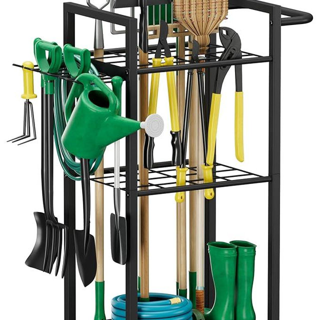 Lotspasie Garden Tool Organizer with Wheels, Heavy Duty 3 Tier Metal Yard Tool Storage Rack Holder with Side Hooks, Freestanding Garage Organizer for Shovels, Rakes, Brooms, Indoor Outdoor Use, Black