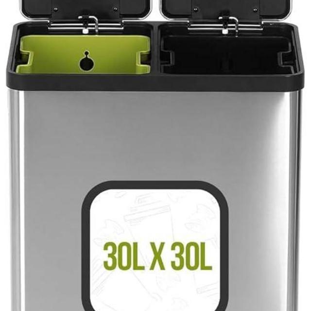60 Liter / 16 Gallon Rectangular Hands-Free Dual Compartment Recycling Kitchen Step Trash Can with Soft-Close Single Lid, Stainless Steel (30L x 30L Capacity)