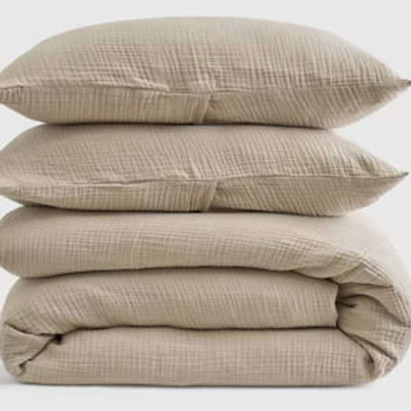 Organic Cotton Gauze Duvet Cover Set - Dune, Full/Queen, With Sham