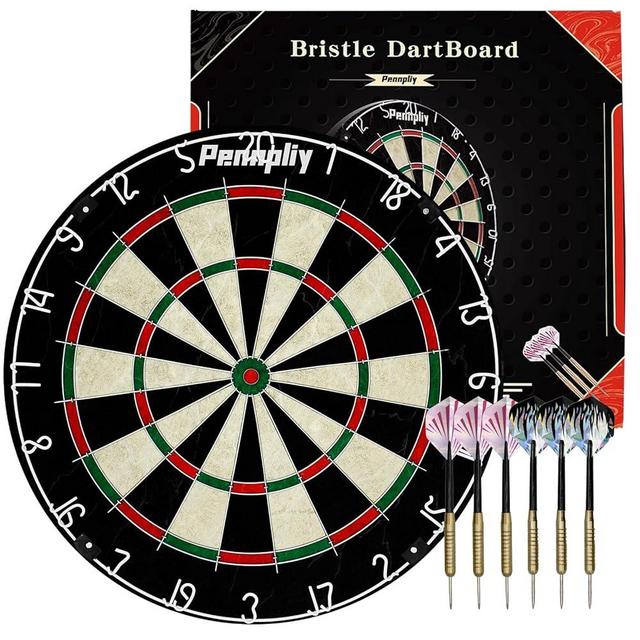 Pennpliy Bristle Dart Board Set with Tiger Surround Board, Professional 18" Steel Tip Outdoor Dartboard Set, Compressed Sisal Metal Wire Board with Rotating Number Ring Includes 6pcs 18g Darts