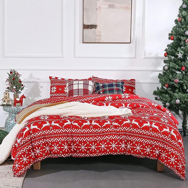 Smoofy Christmas Deer Comforter Set High Grade Fabric Printed Snowflake Pattern Bedding Sets Ultra Soft Microfiber Filled Red Christmas Tree Bed Set 1 Comforter with 2 Pillowcases Queen Size