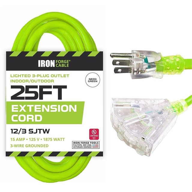 Iron Forge Cable 25 Foot Lighted Outdoor Extension Cord with 3 Outlets - 12/3 SJTW Heavy Duty Light Green Extension Cable 3 Prong - Multiple Outlets