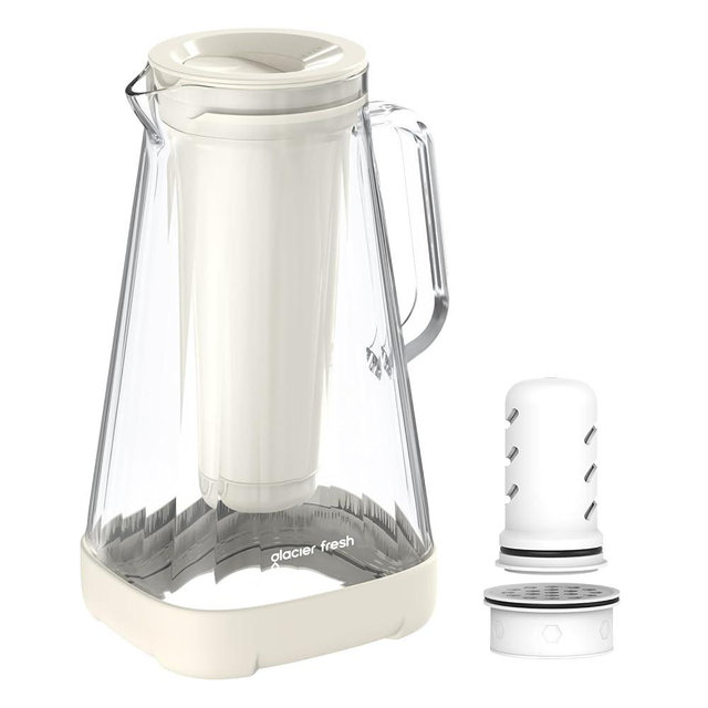 GLACIER FRESH 10 Cup Glass Water Pitcher with 1.6X Flow Rate Upgraded Ultrafiltration Membrane and Activated Carbon Filter, Reduces 99% Chlorine, PFOA&PFOS, Coliforms, White
