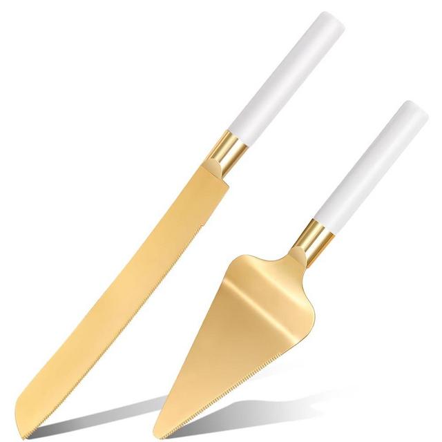 TUKDAK Gold Cake Cutting Set for Wedding, Wood Cake Knife & Server Set, Vintage 2-Piece Pie Cutter Serving Set, Serrated Pizza Utensils, Anniversary Birthday Bridal Gift (White)