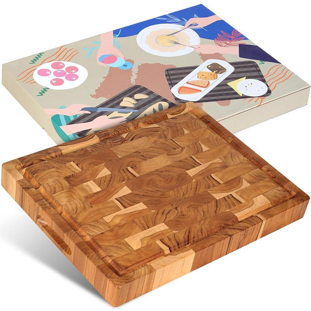 Teak Wooden Cutting Board (17x13x1.5in) End Grain Cutting Board, Butcher Block, Chopping Board - Reversible Multipurpose For Kitchen with Juice Groove & Inner Handles with Gift Box Included