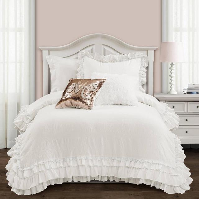 King 3pc Ella Shabby Chic Comforter & Sham Set White - Lush Décor