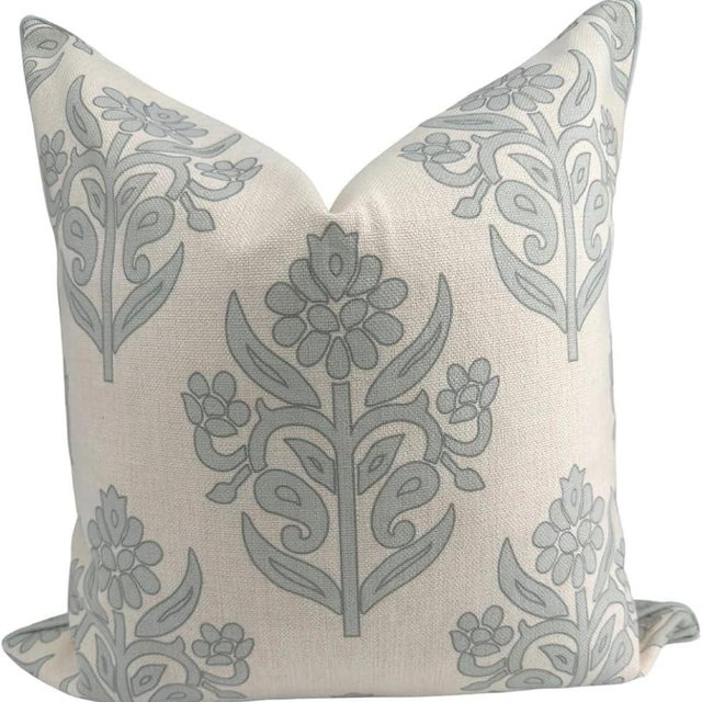 Jillien Harbor “The Naples” Floral Block Print Pillow Cover – Soft Grey and Off-White Decorative Throw Pillow Cover – Grandmillennial Home Decor, 24" x 24"
