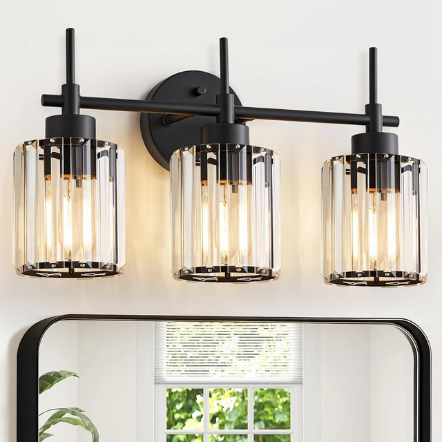 EJIAXIN 3 Light Black Crystal Vanity Light, Modern Bathroom Vanity Light Over Mirror, Up and Down Mount Wall Sconce Lighting for Bathroom Bedroom Living Room Hallway