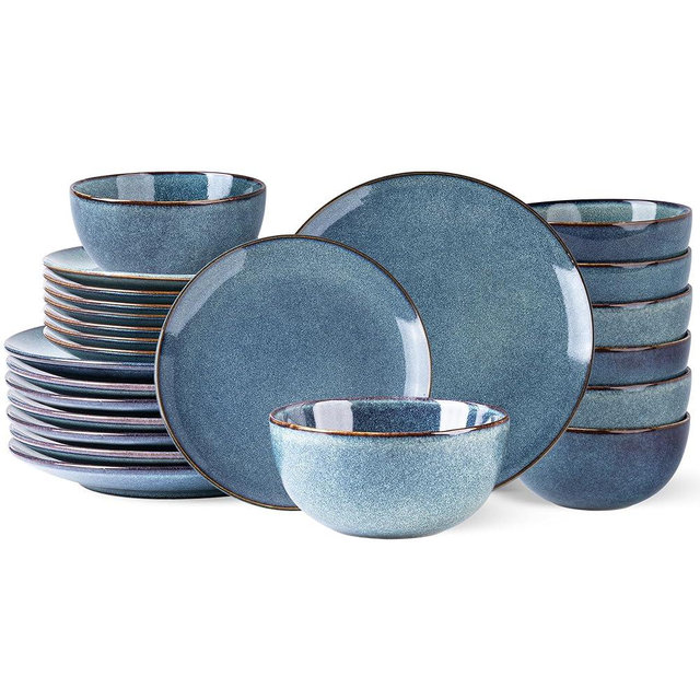 AmorArc Ceramic Dinnerware Sets for 8, 24 Pieces Handpainted Plates and Bowls Set, Scratch Resistant Stoneware Dishes Set, Dishwasher & Microwave Safe, Ceylon Blue