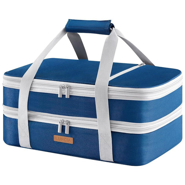 LUNCIA Double Decker Insulated Casserole Carrier for Hot or Cold Food, Lasagna Lugger Tote for Potluck Parties/Picnic/Cookouts, Fits 9"×13" Baking Dish, Pure Blue