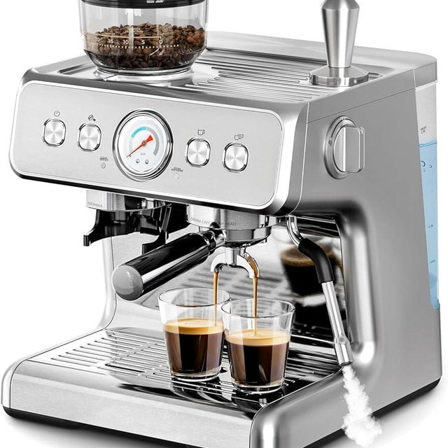 Kismile Espresso Machines with grinder, 20 Bar Professional Espresso Maker with Milk Frother Steam Wand & Removable Water Tank for Latte and Cappuccino, Espresso Coffee Maker for Home(Stainless Steel)