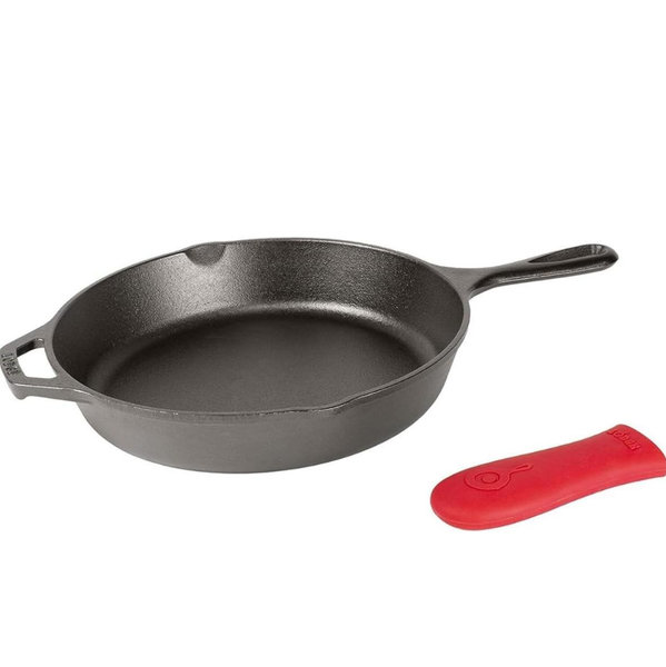 Lodge 12 Inch Cast Iron Skillet with Red Silicone Hot Handle Holder – Pre-Seasoned Frying Pan for Stove, Oven, Grill & Campfire – Made in the USA – Durable, Nonstick Cast Iron Cookware – Black