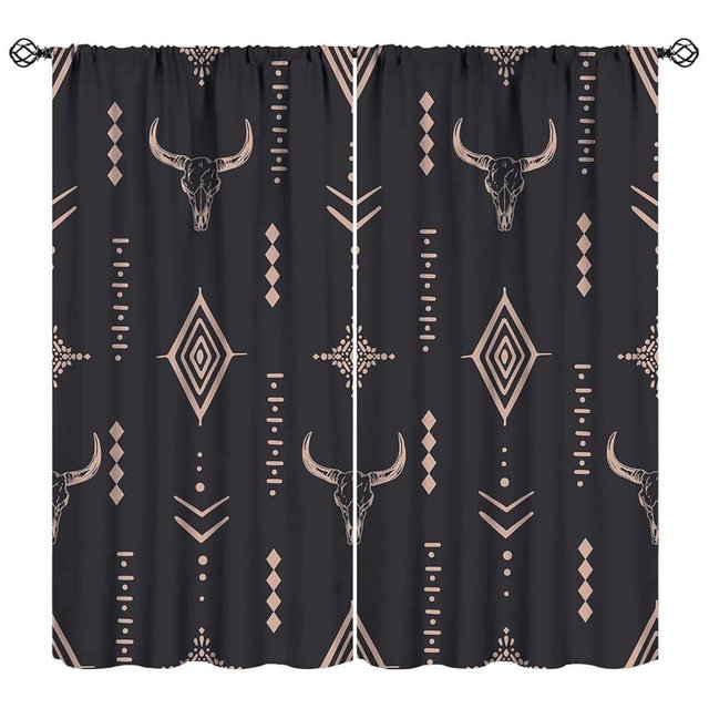 Western Curtains Bull Skull Boho Aesthetic Aztec Art Print for Bedroom Living Room Kitchen Decor Rod Pocket Blackout Window Drape 42x45in