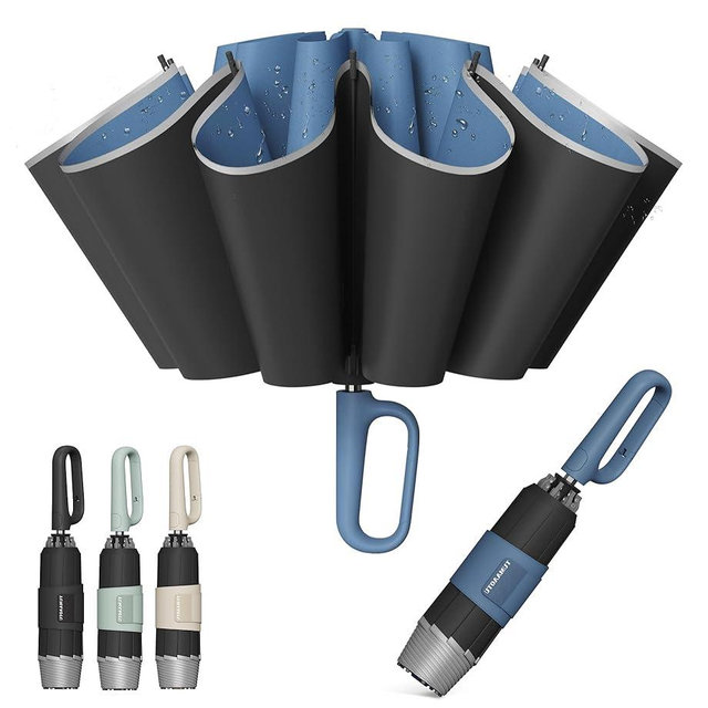 QWB Inverted Umbrella with Carabiner Handle, Compact Wind Proof Umbrellas For Rain and Sun Protection, Portable Reverse Folding Umbrella, Car Umbrella for Women Men, 10 Ribs