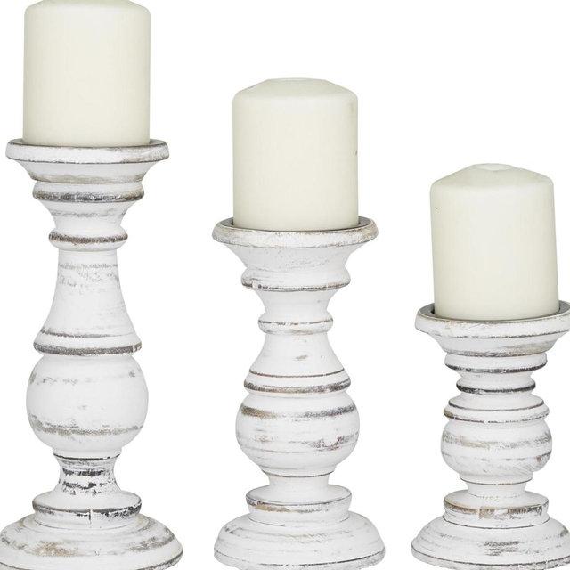 Deco 79 Mango Wood Decorative Candle Holder Turned Style Pillar Candle Stand, Set of 3 Candlestick Holder 10", 8", 6”H, White