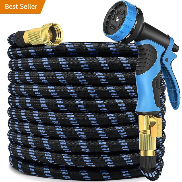 Garden Hose 50 ft, 2025 New Flexible Water Hose 50ft With 10-Pattern Spray Nozzle, Lightweight Hose Pipe, Durable, Kink-Free, Leak-Proof Solid Brass Fittings, Black & Blue