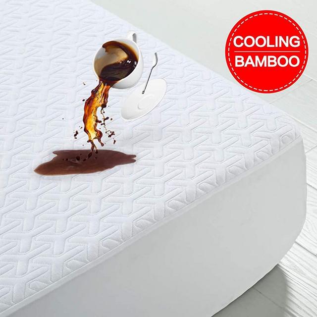 Premium Cooling Waterproof Mattress Protector Queen Size 3D Bamboo Air Fabric Ultra Soft Breathable Mattress Pad Cover Soft Smooth Comfort & Protection Phthalate & Vinyl-Free Noiseless (White, Queen)