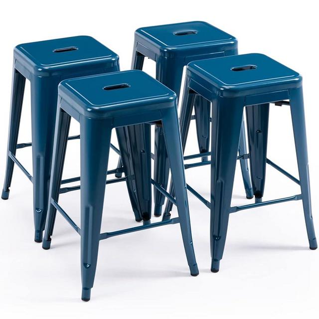 Vogue Furniture Direct 24" Bar Stools Backless Metal Barstools Indoor-Outdoor Counter Height Stools with Square Seat, Set of 4 (Deep Blue)