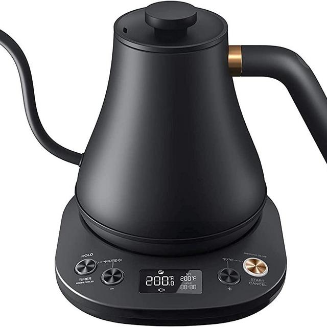 Electric Gooseneck Kettle Temperature Control, Pour Over Kettle for Coffee and Tea, 100% Stainless Steel Inner Lid and Bottom, 1200W Rapid Heating,0.8L, Built-in StopWatch, Matt Black