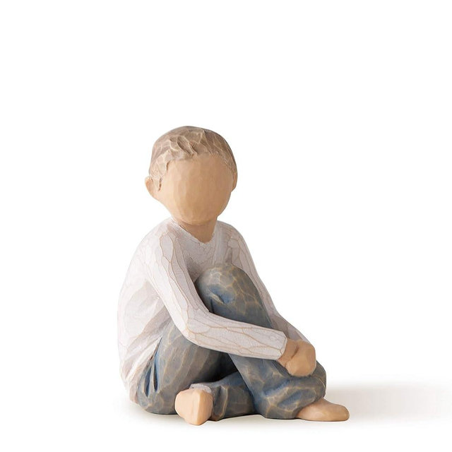 Willow Tree Caring Child, Nurtured by Your Loving Care, Seated Boy Figure in Blue Jeans, Works Well in Groupings That Reflect Family Relationships, Sculpted Hand-Painted Figure