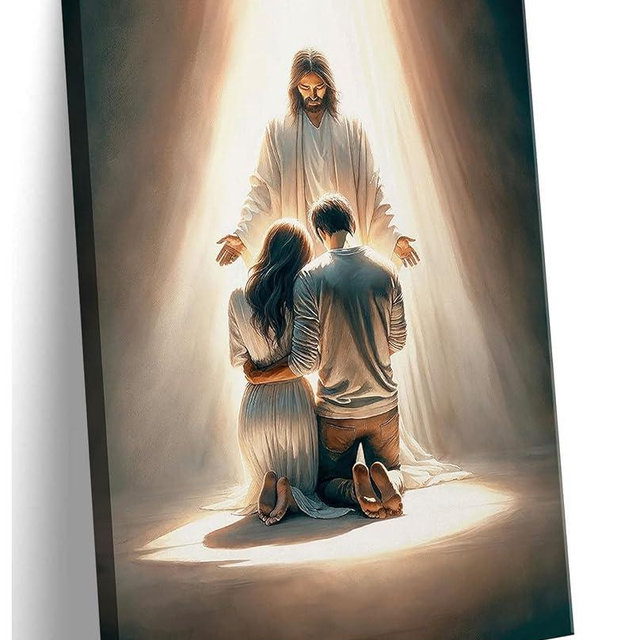 Jesus Blesses Couple Canvas Wall Art Couple Kneeling and Praying to Jesus Wall Decor Picture Christianity Jesus Christ Postre Print for Bedroom Living Room Church Prayer Room Artwork Home Decoration