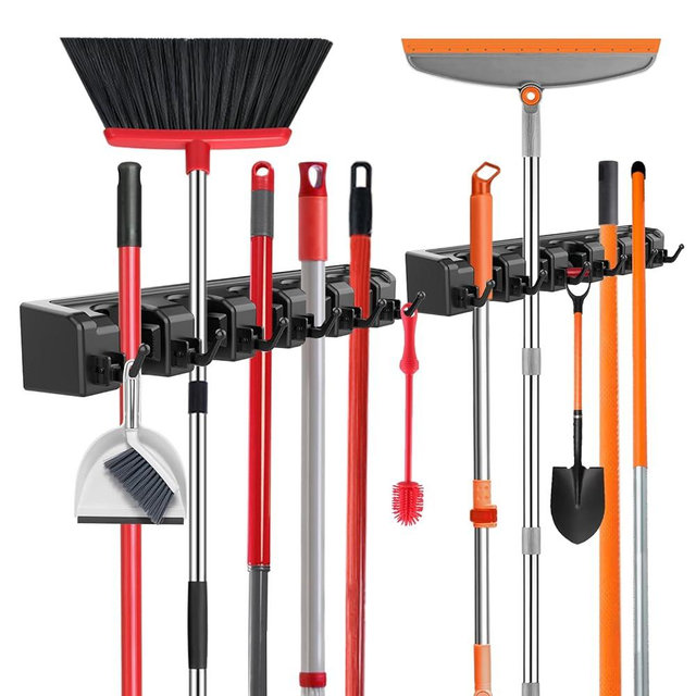 nacena Broom Holder Wall Mount, 2 Packs Black Wall Hanging Garden Tool & Utility Closet Organizer Mop & Broom Hook Wall Mounted Heavy Duty Broom and Mop Organizer Wall Hanging for Bathroom, garage
