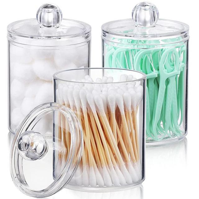 AOZITA 3 Pack Qtip Holder Dispenser for Cotton Ball, Cotton Swab, Cotton Round Pads, Floss - 10 oz Clear Plastic Apothecary Jar Set for Bathroom Canister Storage Organization, Vanity Makeup Organizer