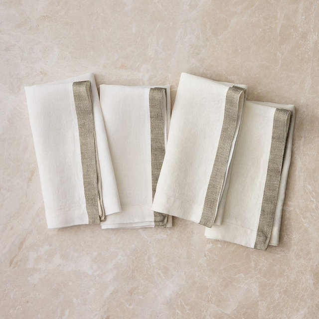 Contrast Border Linen Napkin, Vetiver Green, Set of 4