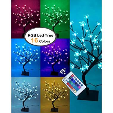 Lightshare 18Inch Cherry Blossom Bonsai Tree, 48 LED Lights, RGB with Remote Control, 16 Color-changing Modes, 24V UL Listed Adapter Included, Metal Base Ideal As Night Lights