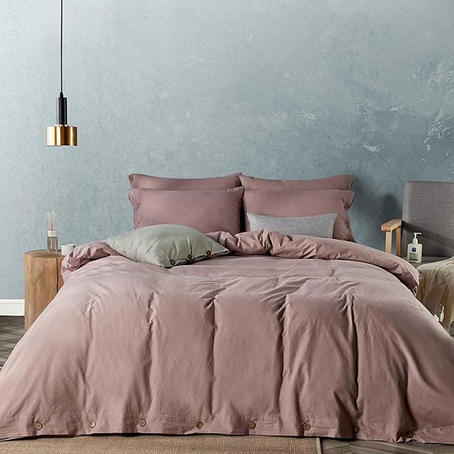JELLYMONI 100% Washed Cotton Duvet Cover Set Queen Size, Luxury Soft Bedding Set with Button Closure. Solid Color Pattern Duvet Cover(No Comforter) (Pink, Queen, 3Pcs)