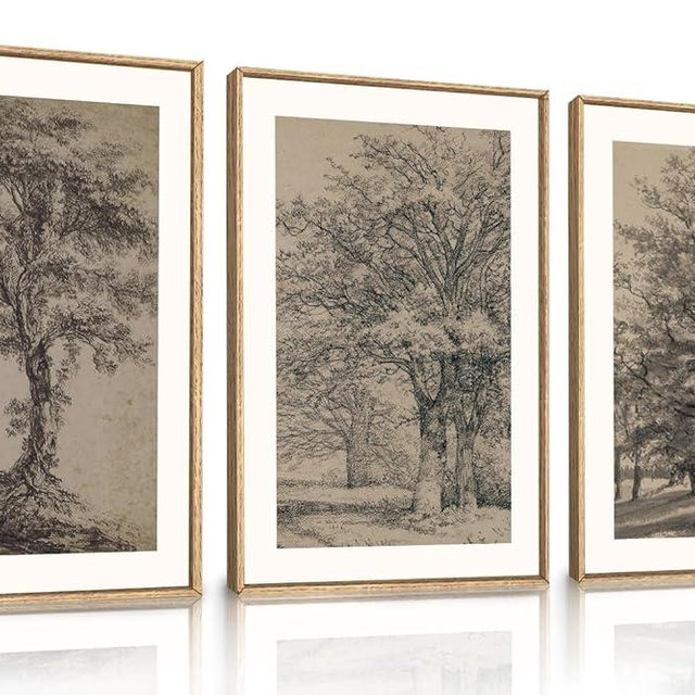 KAIRNE Vintage Tree Sketch Wall Art Set, Antique Tree Drawings Wall Decor, Nature Sketch Wall Painting, Framed Botanical Canvas Art Prints for Living Room, Bedroom, Dinning Room, Farmhouse - 16"x24"x3