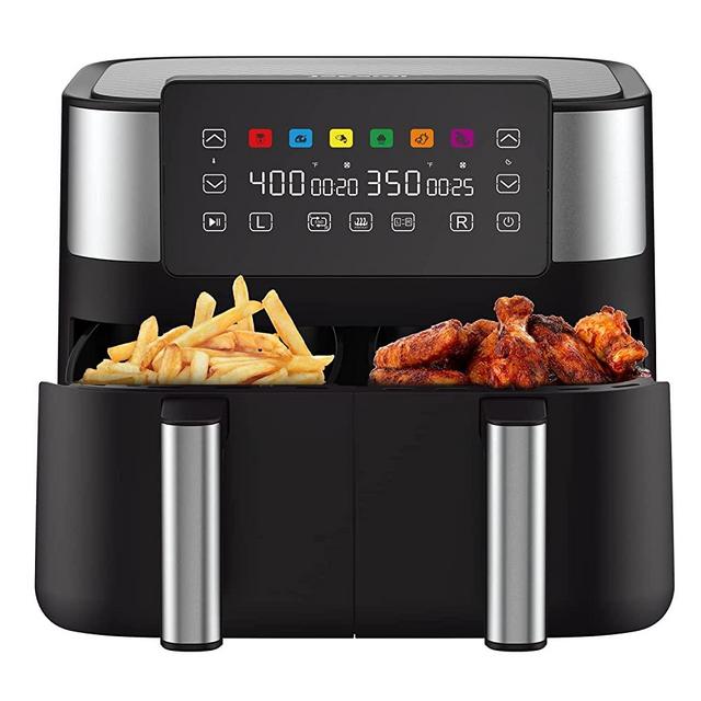 JOYAMI 8 Quart Dual Zone Air Fryer Oven, Sync-Finish Function, 2 Independent Frying Baskets Nonstick and Dishwasher Safe, 6-in-1 Oilless Cooker for Air Fry, Bake, Dehydrate, Roast, Broil & More, 1800W, Black