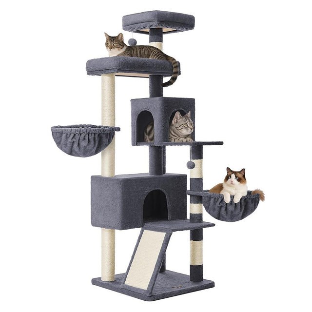 Feandrea Cat Tree, 68.5-Inch Tall Cat Tower, Multi-Level Plush Condo with Large Perch, Scratching Posts, Double Caves, Dark Gray UPCT006G02