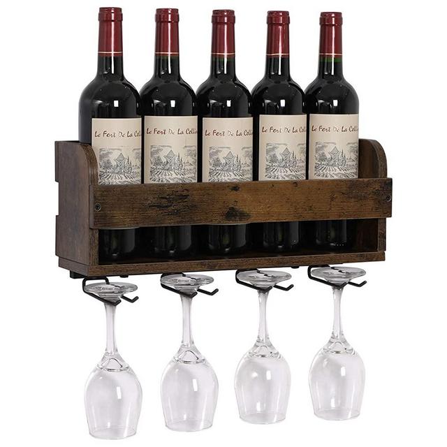 OROPY Vintage Wall Mounted Wine Rack, Holds 5 Wine Bottles and 4 Stemware Glass Holder, Decorative for Home Bar, Dining Room, Kitchen (Retro Color)