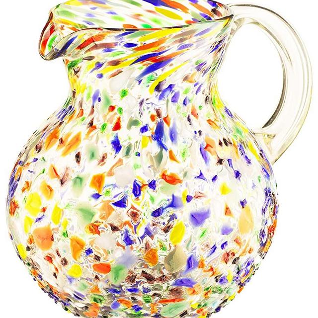 Hand Blown Mexican Glass Pitcher – Confetti Rock Design 84 Ounces - Colorful Beverage Pitcher for Homemade Juice & Iced Tea by The Wine Savant