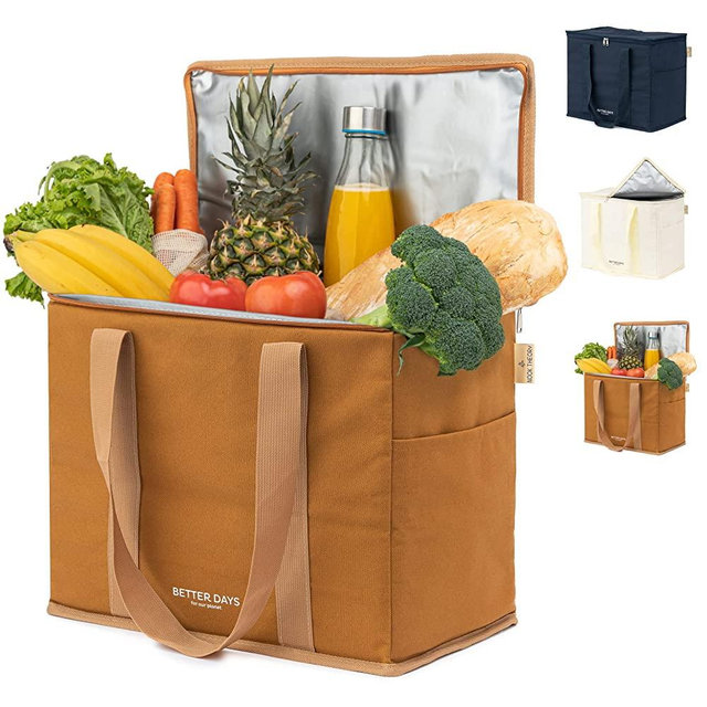 Insulated Reusable Grocery Bag - 12 oz Canvas, Zippered Top, XL - Cooler Bags Insulated Leak Proof - Cooler Bag For Frozen Cold Hot Food And Drinks - Insulated Bag for Beach, Picnic, Grocery Shopping Bags (Caramel)