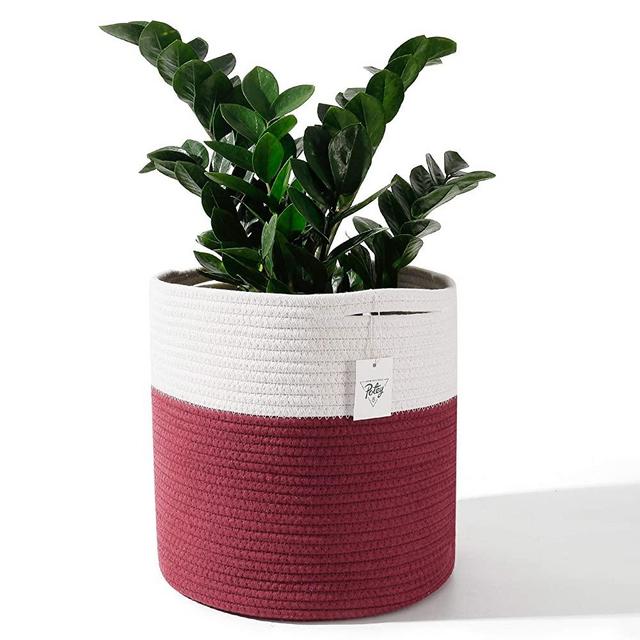 POTEY 701103 Woven Cotton Rope Plant Basket for 11" Flower Pot Floor Indoor Planters, 12"x 12" Storage Organizer Modern Home Decor(White Dark Red Stripes)