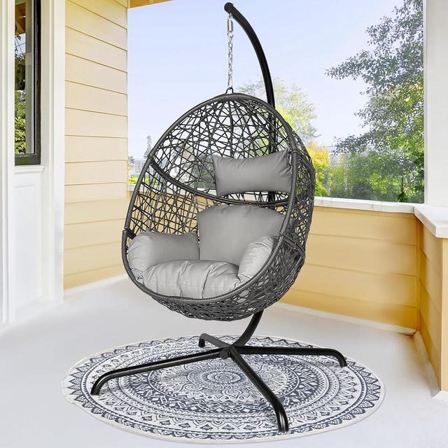BULEXYARD Large Hanging Swing Egg Chair with Stand 350LBS Capacity, Indoor/Outdoor Grey Wicker Bird Cage Swing Chair, Hammock Egg-Shaped Seat with Light Grey Cushion for Balcony, Porch
