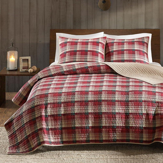 Woolrich Reversible Quilt Cabin Lifestyle Design - All Season, Breathable Coverlet Bedspread Bedding Set, Matching Shams, Oversized Full/Queen, Tasha Plaid Red/Tan 3 Piece