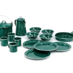 GSI Outdoors Camp Dinnerware Set I 4-Person Set Includes Pioneer Enamel Percolator, Frypan, Kettle, Bowls, Plates & Coffee Mugs
