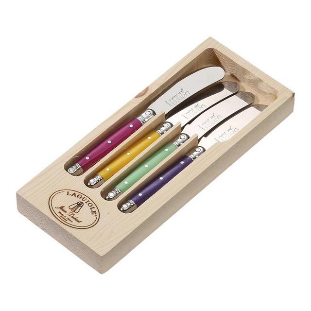 Jean Dubost Laguiole 4-Piece Spreader Set, Multicolor Handles - Rust-Resistant Stainless Steel - Includes Wooden Tray - Made in France