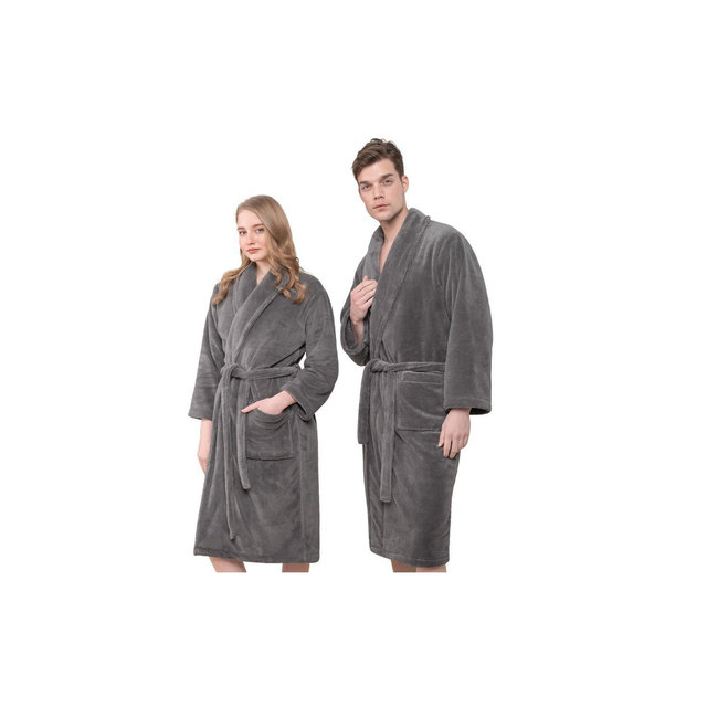 American Soft Linen Warm Fleece Bathrobe, Mens and Womens Robes, 1 Piece Shawl Collar Adult Matching Couple Robes for your Bathroom, Medium, Gray