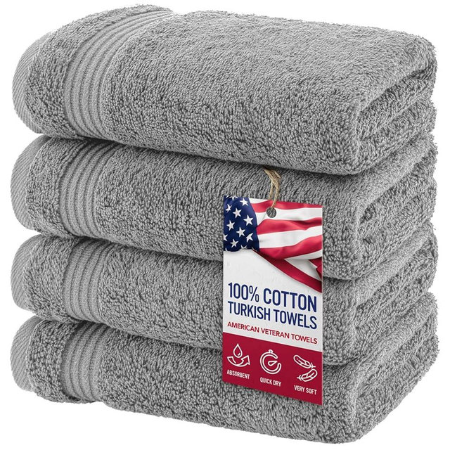 American Veteran Towel, Hand Towels for Bathroom Set of 4, 100% Cotton Turkish Hand Towel Sets Clearance Prime, Soft Hand Face Towels, Light Grey Hand Towels
