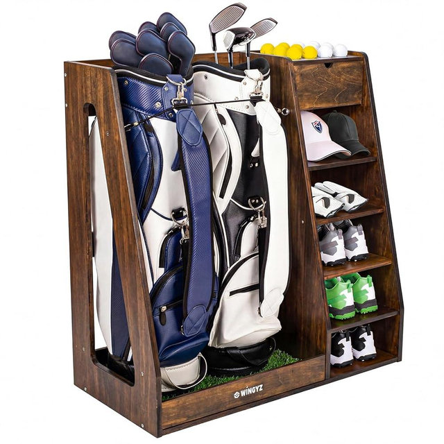 WINGYZ Premium Birch Plywood Golf Bag Storage for 2 Bags | 36lb Rock-Solid Golf Bag Organizer | 7-Shelf Command Center | Artificial Turf 12-Ball Display | No Wall Mounting Required (Brown)