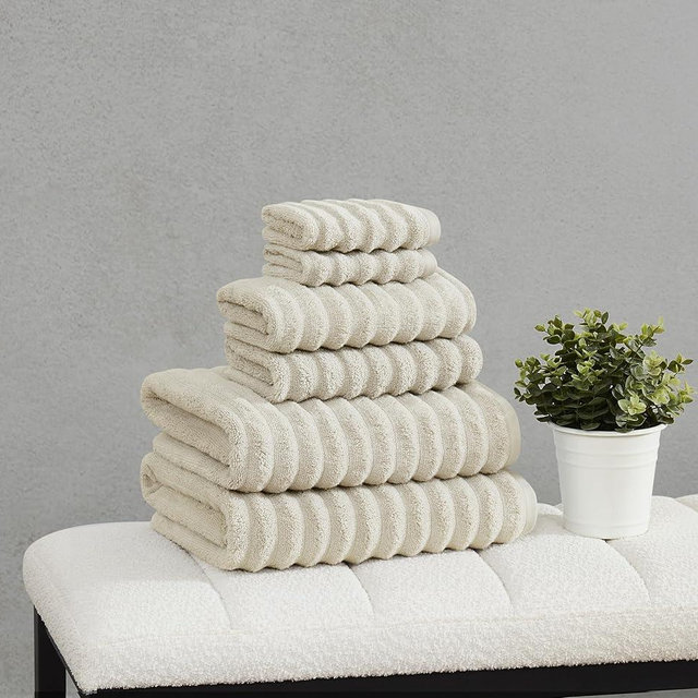 Borghese Ribbed Zero Twist Beige 6 Piece Towel Set, Solid Color, Oeko-TEX Certified