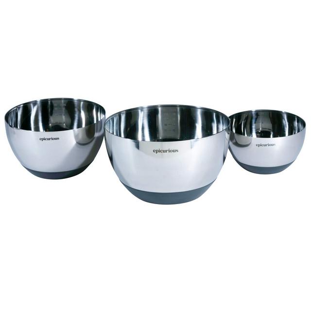 Epicurious 3 Piece Stainless Steel Ultra Durable Non-Slip Silicone Base Mixing Bowls Set for Baking and Cooking in 5 Quart, 2 Quart, and 1.5 Quart Capacity