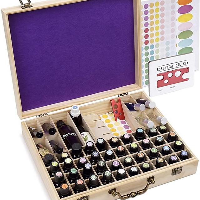 Soligt 72 Bottle Wooden Essential Oils Storage Box with Handle, 64 Slot for 5-15ml Essential Oils & 8 Slot for 10ml Roller Bottles