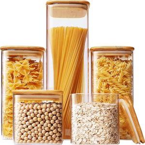Square Glass Jars with Bamboo Lids [Muti Size Set of 5], Glass Canisters with Airtight Lids, Glass Food Storage Containers for Pasta, Cereal, Flour, Sugar, Best for Kitchen & Pantry