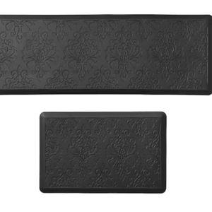 Marni Black 17.5 in. x 48 in. Floral Synthetic 2-Piece Kitchen Mat Set